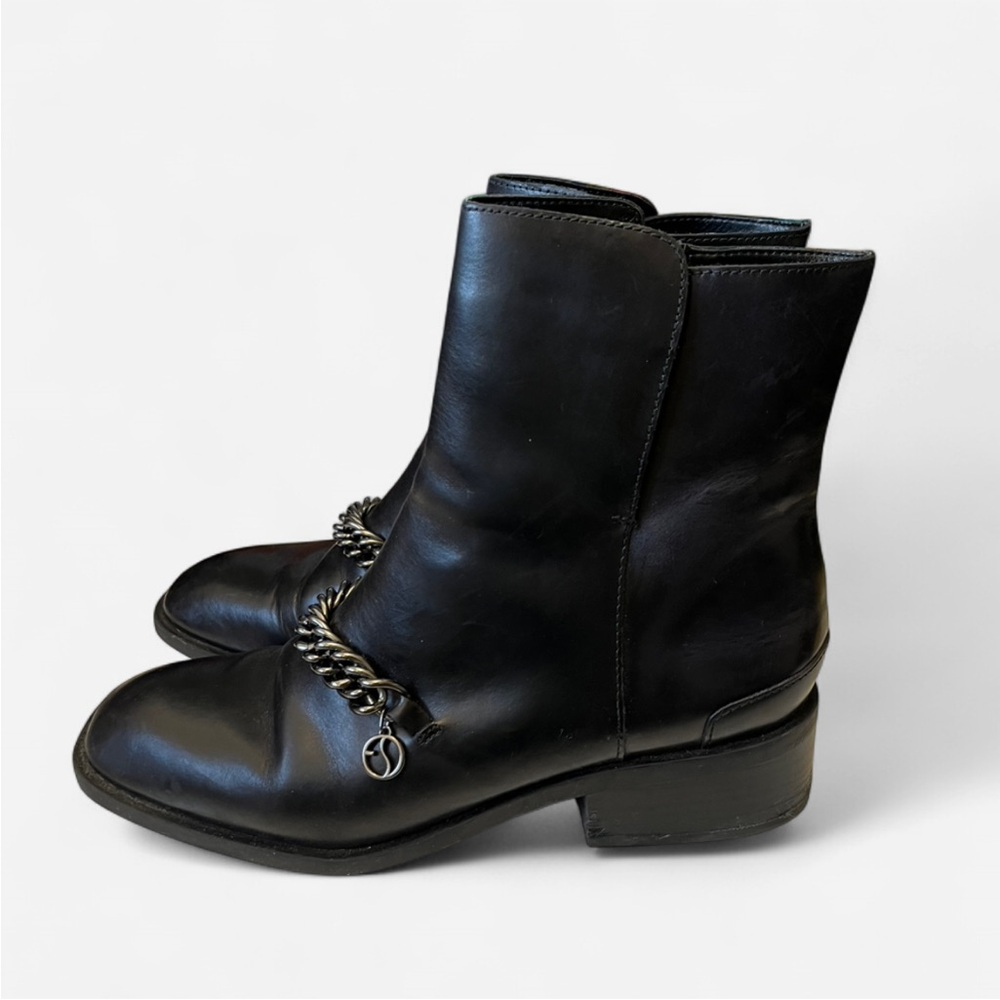 Franco Sarto Caleb Booties Black Leather Ankle Boots with Chain Detail US 8.5